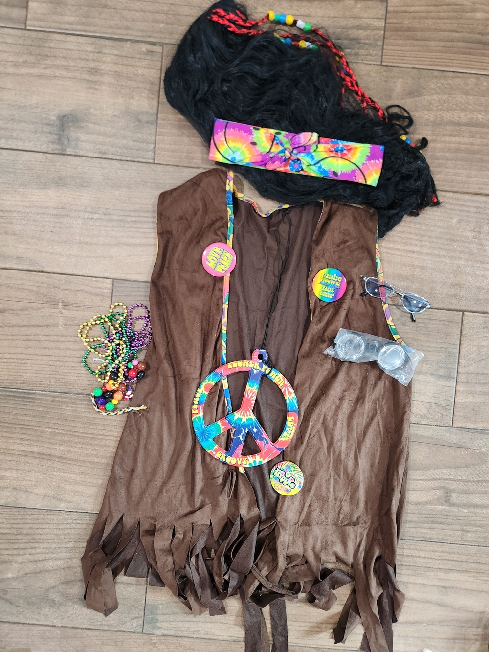 Brown Fringe Hippie Vest with Colorful Peace Necklace wig one size